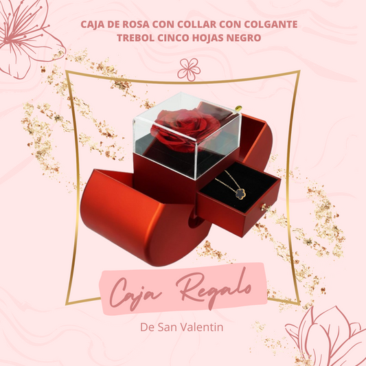 Caja de rosa con Collar con colgante trebol cinco hojas negro
