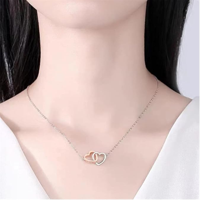 Caja de rosa con Collar de doble anillo de corazón bicolor