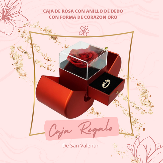 Caja de rosa con Anillo de dedo con forma de corazon oro