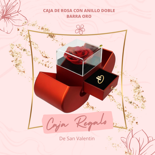Caja de rosa con Anillo doble barra oro