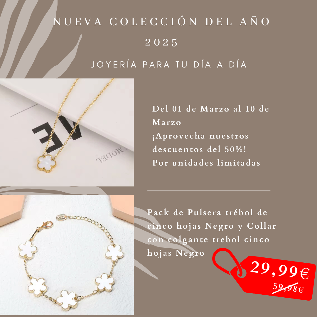 Pack Pulsera y Collar de Trebol Cinco Hojas en Blanco