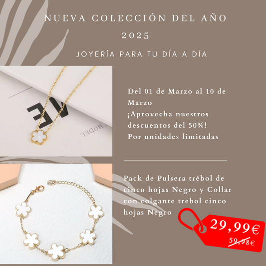 Pack Pulsera y Collar de Trebol Cinco Hojas en Blanco