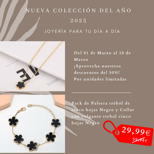 Pack Pulsera y Collar de Trebol Cinco Hojas en Negro